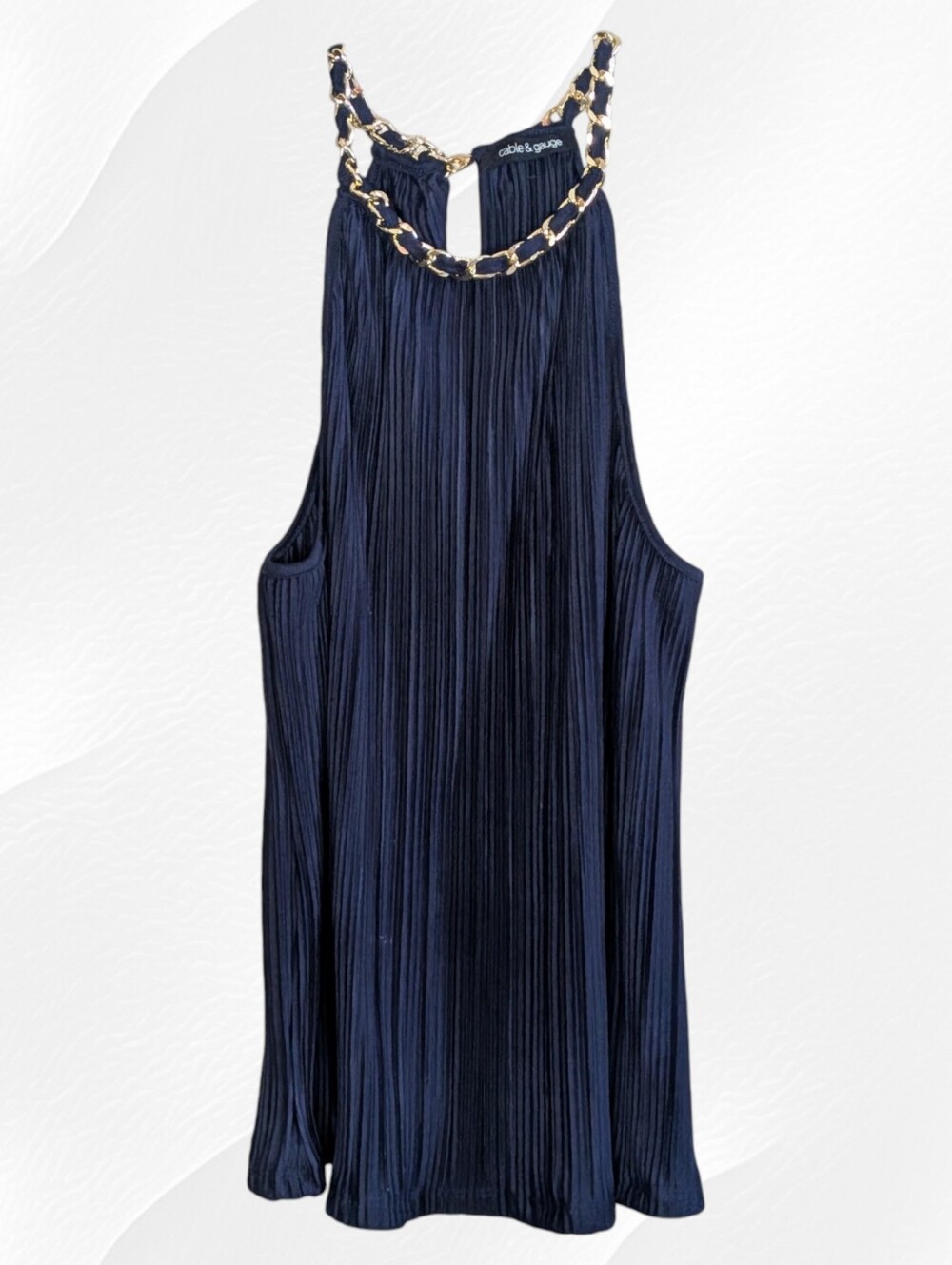 Cable & Gauge Navy Blue Plissé Pleated Halter Top Gold Chain Detail Size Small